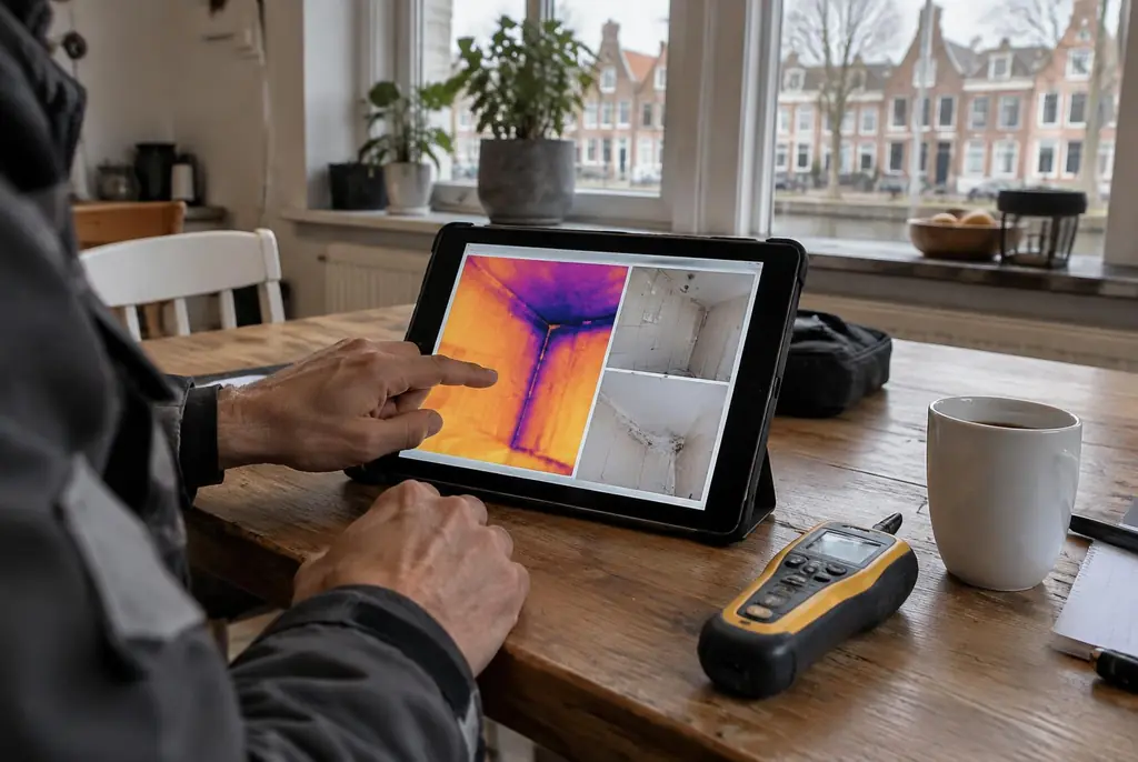 Lekdetectie Leiderdorp – lekdetectierapport met warmtebeelden en foto's op een tablet