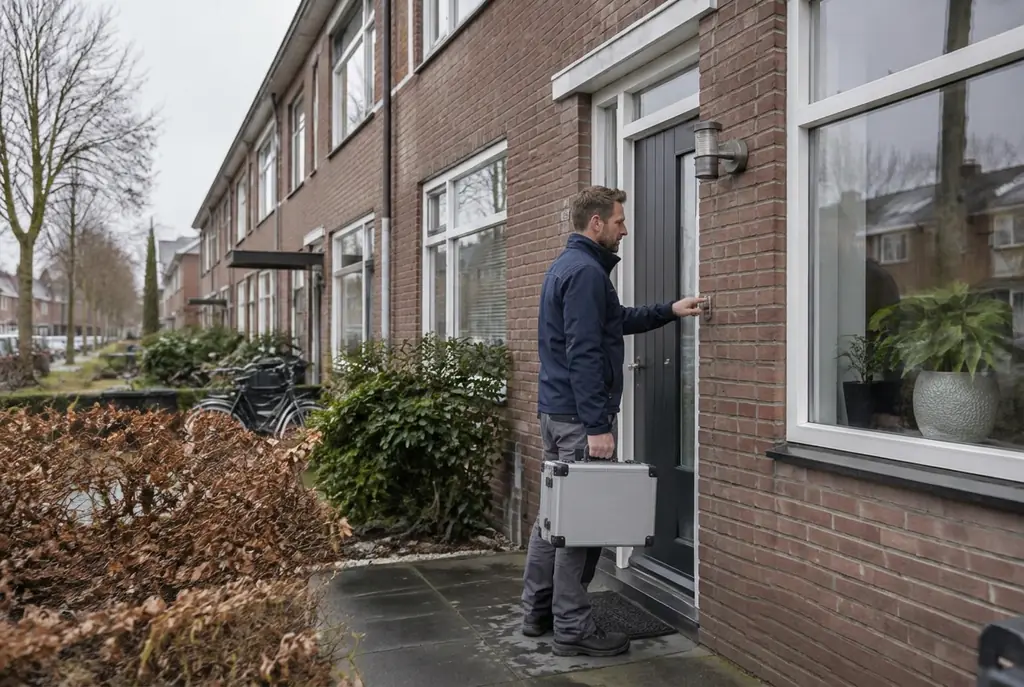 Lekdetectiespecialist met meetkoffer bij de voordeur van een woning in Leiderdorp